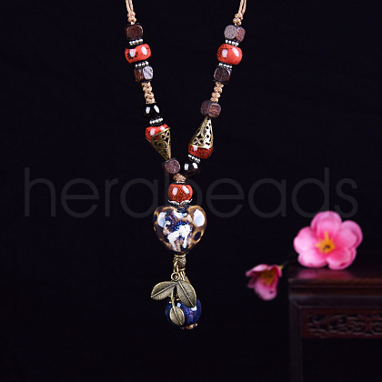 Alloy & Porcelain Heart Tassel Pendant Wood Beaded Necklaces for Women FS-WG30076-01-1