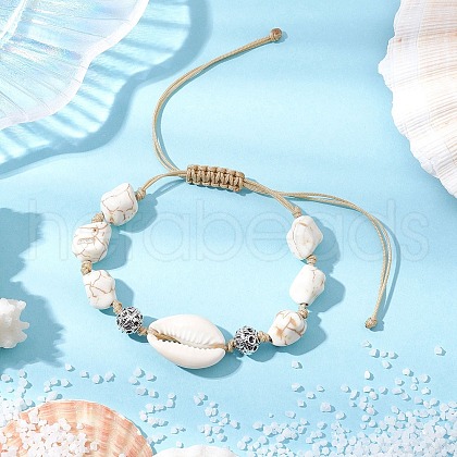 Adjustable Synthetic Turquoise Dyed Beads & Natural Cowrie Shell Beaded Braided Bead Bracelets for Women BJEW-JB11544-02-1