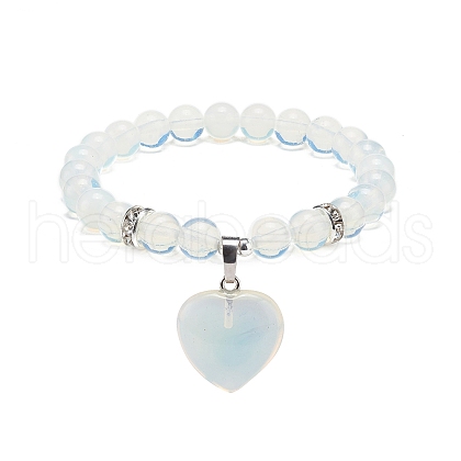 Opalite Round Beaded Stretch Bracelet with Heart Charm BJEW-JB09019-01-1