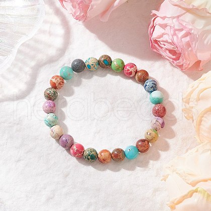 Natural Imperial Jasper Round Beaded Stretch Bracelets for Men Women BJEW-JB11956-1