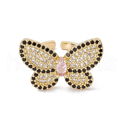 Pink Cubic Zircon Butterfly Open Cuff Ring RJEW-B043-03-1