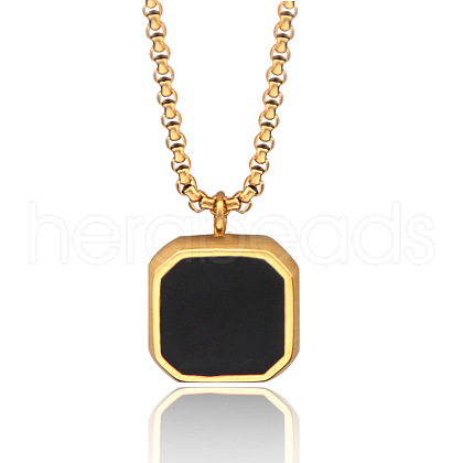 304 Stainless Steel & Black Resin Square Pendant Necklaces for Men FS-WG8D101-05-1