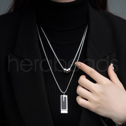 Rectangle & 3 Ring Stainless Steel Pendant Double Layer Necklaces for Women FS-WG0A6F5-02-1