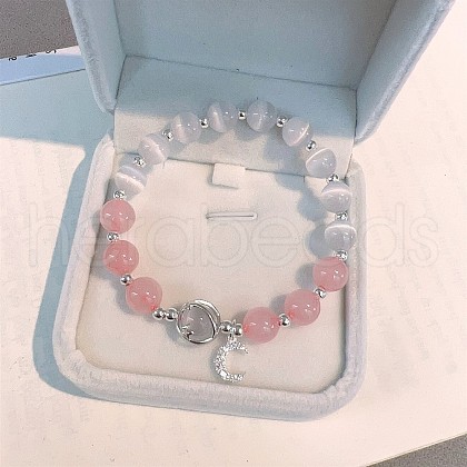 Moon Alloy Cat Eye & Natural Rose Quartz Round Beaded Charm Bracelets WG18D49-09-1
