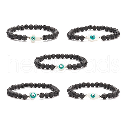 Natural Lava Rock & Shell with Evil Eye Beaded Stretch Bracelet BJEW-JB08235-1