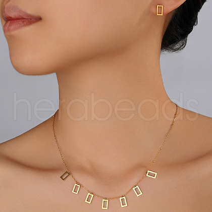 Fashionable 18K Gold Plated Stainless Steel Rectangle Pendant Necklace & Stud Earrings Set for Women VI5077-1