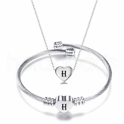 Heart with Letter Pattern 304 Stainless Steel Cuff Bangle & Pendant Necklace FS-WGA0158-08-1