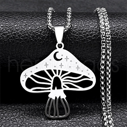 304 Stainless Steel Hollow Moon Star Mushroom Pendant Necklaces for Women NJEW-K283-34P-1