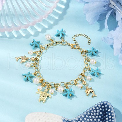 Dyed Synthetic Turquoise Starfish Charm Bracelets BJEW-JB11642-02-1