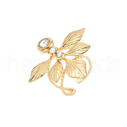 304 Stainless Steel Rhinestone Leaf Open Cuff Rings for Women RJEW-S410-02G-1