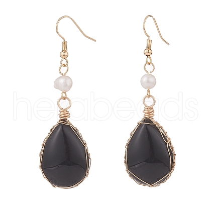 Natural Obsidian Teardrop Dangle Earrings with Natural Pearl EJEW-JE04850-02-1