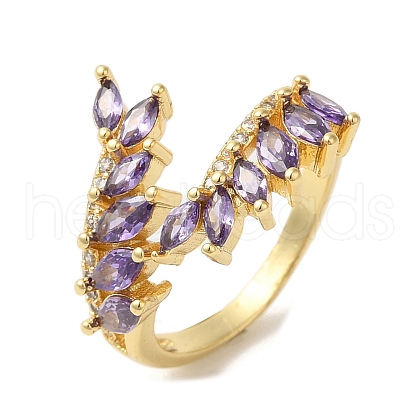 Leaf Brass Micro Pave Cubic Zirconia Open Cuff Rings RJEW-U008-05B-G-1