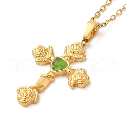 304 Stainless Steel Pave Natural Stone Pendant Necklaces for Women NJEW-U009-03G-01-1
