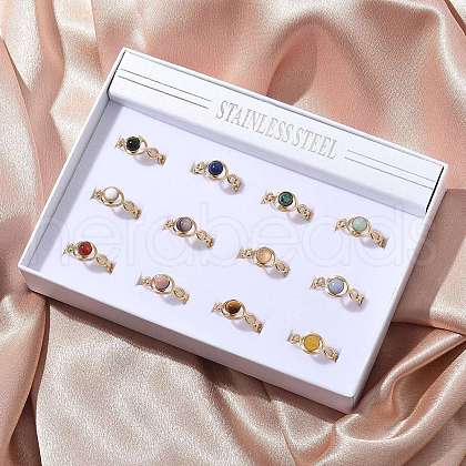 Round Natural Mixed Stone Finger Rings RJEW-C119-07G-1