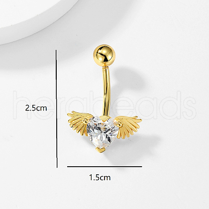 Stylish Heart with Angel Wings Stainless Steel Pave Clear Cubic Zirconia Belly Button Ring for Women Men KH5304-1