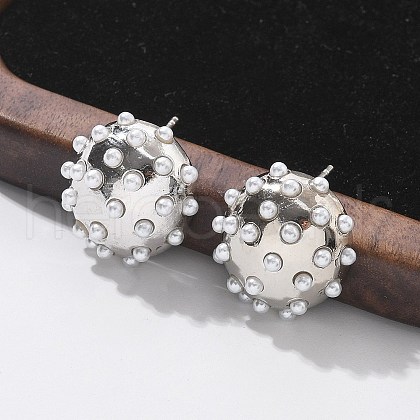 Half Round Brass & ABS Imitation Pearl Stud Earrings EJEW-M077-07P-1