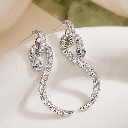 Snake Brass Cubic Zirconia Dangle Stud Earrings for Women EJEW-F367-01B-P-1