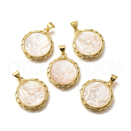 Brass with Natural Shell Carved Pendants KK-Z091-05G-01-1