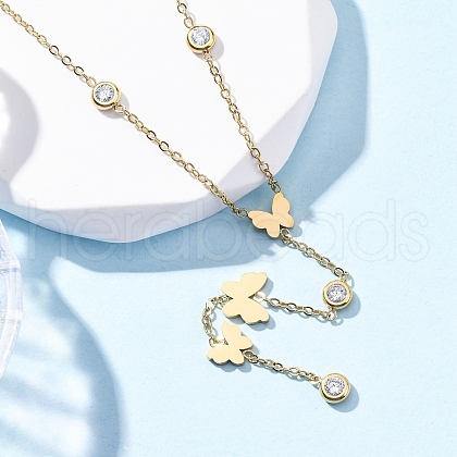 304 Stainless Steel Crystal Rhinestone Butterfly Lariat Necklaces NJEW-R026-12G-1