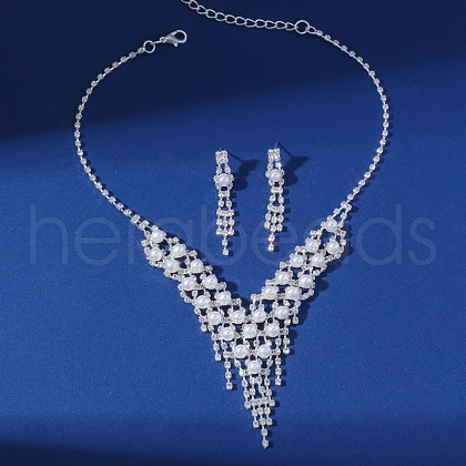 Alloy Crystal Rhinestone & Plastic Pearl Tassel Pendant Necklaces & Stud Dangle Earrings Sets FS-WGB703E-01-1