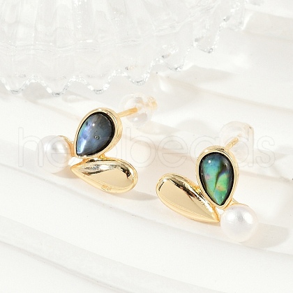 Teardrop Brass Abalone Shell Stud Earrings KK-D301-15G-1