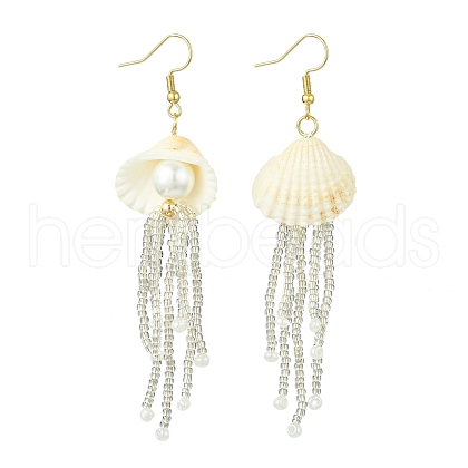 Natural Clam Shell Imitation Pearl Dangle Earrings EJEW-MZ00231-01-1