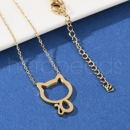 304 Stainless Steel Cat Outline Pendant Necklaces for Women NJEW-F339-03G-1