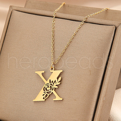 304 Stainless Steel Flower Initial Pendant Necklaces WGE911E-24-1