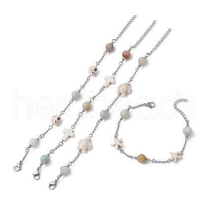 4Pcs 4 Style Natural Flower Amazonite & Synthetic Turquoise Beaded Link Chain Bracelets Set BJEW-JB09518-1