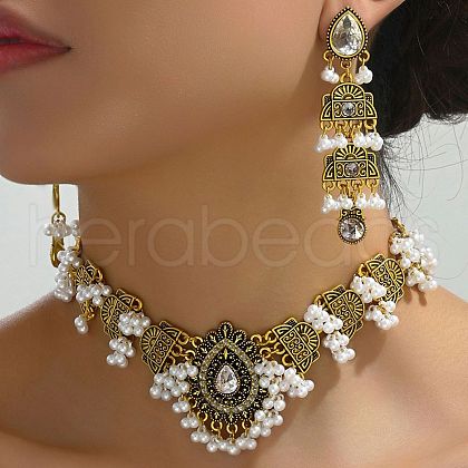 Teardrop Alloy & Plastic Pearl & Rhinestone Pendant Necklace & Stud Dangle Earring FS-WGB01EC-01-1