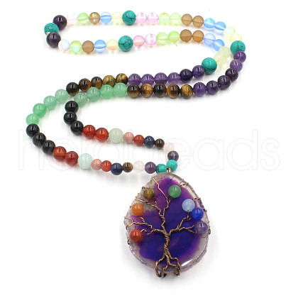 Wire Wrap 7 Chakra Gemstone Tree of Life & Natural Agate Pendant Necklace PW-WG91792-04-1