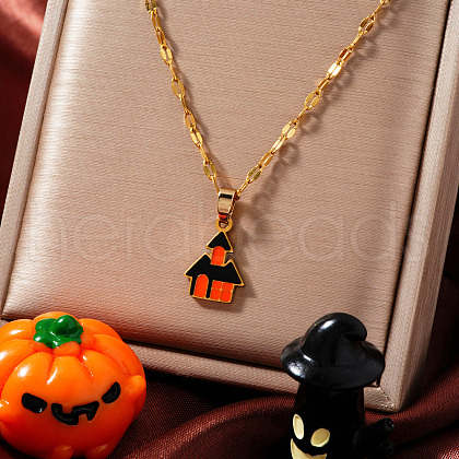 Halloween Stainless Steel Dark Orange Enamel Haunted House Pendant Necklaces European American Fashion Jewelry XI0912-1