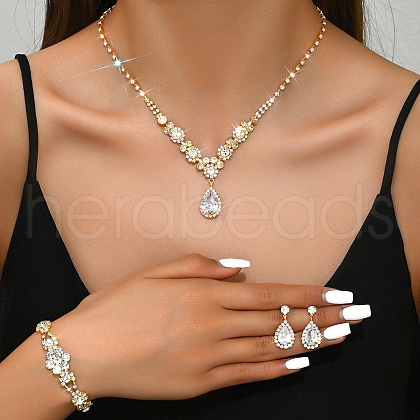 Teardrop & Flower Alloy Crystal Rhinestone Pendant Necklace & Stud Dangle Earrings & Bracelets Sets FS-WGA0F52-04-1