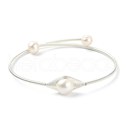 Natural Pearl Beaded Cuff Bangle BJEW-JB09494-1