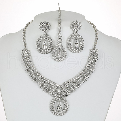 Teardrop Alloy Crystal Rhinestone Pendant Necklace & Stud Dangle Earring & Frontlet Sets FS-WG4C0D5-02-1