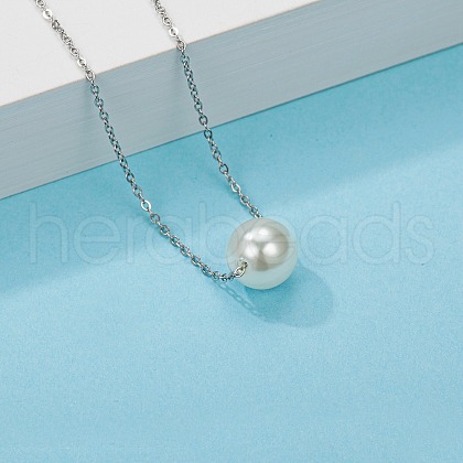 Elegant Stainless Steel 10mm Round Shell Pearl Bead Pendant Necklaces for Daily Wear DW4894-1-1