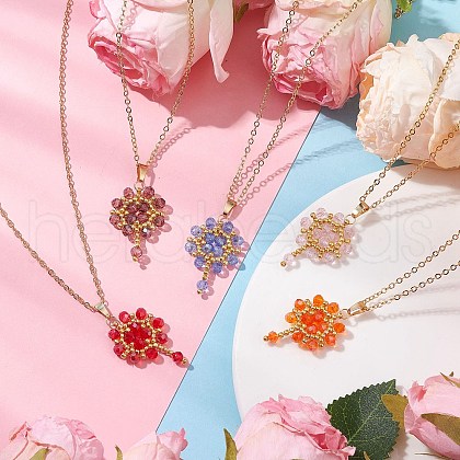 Flower Handmade Seed Beads & AB Color Glass Beaded Pendant Necklaces NJEW-MZ00084-1