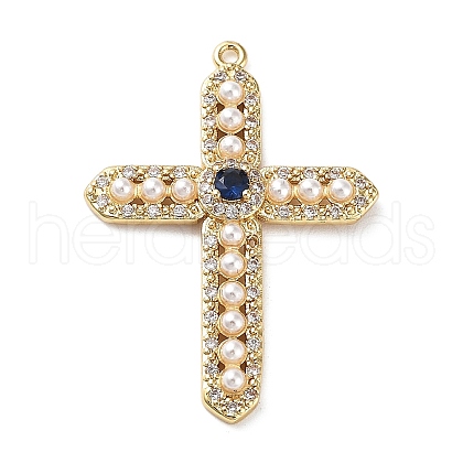 Rack Plating Brass Micro Pave Cubic Zirconia and Plastic pearl Pendants KK-Q786-08G-1