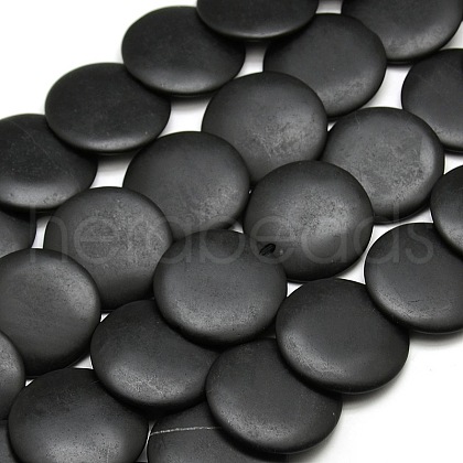 Natural Flat Round Black Stone Beads Strands G-P062-42-1