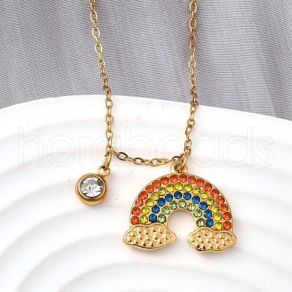 304 Stainless Steel Rhinestone Rainbow Pendant Necklaces for Women NJEW-U043-03G-1