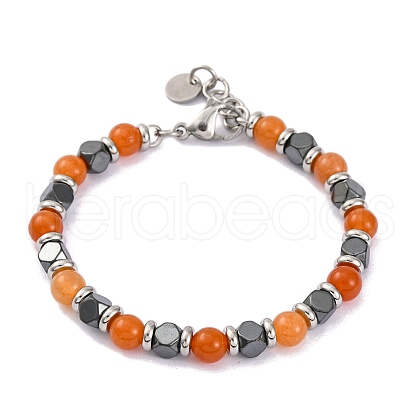 Natural Carnelian & Magnetic Synthetic Hematite Round Beaded Bracelet BJEW-P339-02P-01-1