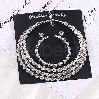 Flat Round Alloy Rhinestone Chain Bracelets & Stud Earrings & Multilayer Chain Necklaces FS-WG65918-02-1