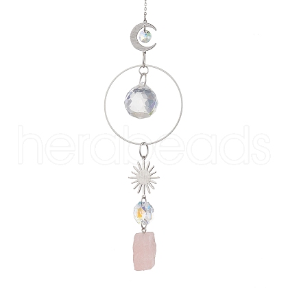Nuggets Natural Rose Quartz & Glass Round Pendant Decorations HJEW-JM02123-03-1