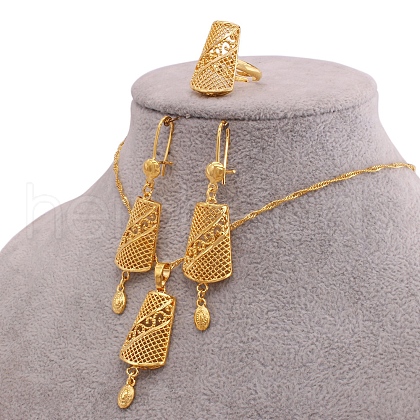 Hollow Trapezoid Brass Pendant Necklaces & Hoop Earrings & Rings Sets FS-WG93675-01-1