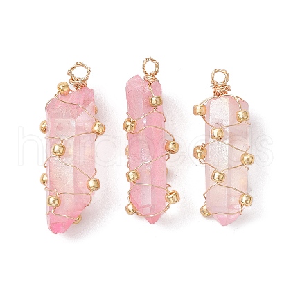 Copper Wired Electroplated Natural Quartz Crystal Pendants PALLOY-JF02626-03-1