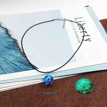 Zinc Alloy & Luminous Blue Glass Flat Round with Constellation Pendant Black Waxed Cord Necklaces WG9F396-09-1