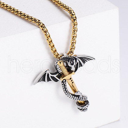 Retro Rock Punk Men's Dragon Sword Stainless Steel Pendant Necklaces EG4389-2-1