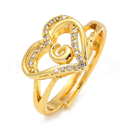 Heart with Letter Rack Plating Brass Micro Pave Clear Cubic Zirconia Adjustable Rings for Women RJEW-I105-01G-G-1
