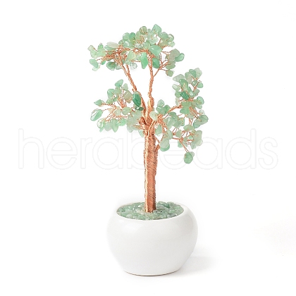 Mother's Day Natural Green Aventurine Chips with Brass Wrapped Wire Money Tree on Ceramic Vase Display Decorations DJEW-B007-02A-1