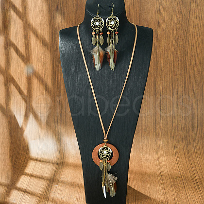 Woven Net/Web with Feather Alloy & Wood Necklaces & Earring Sets FS-WG8596C-01-1